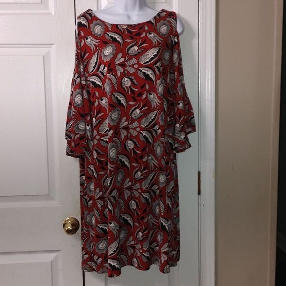 Cato Cold Shoulder rust black print tiered Bell Sleeve Dress Sz XL - Picture 1 of 6